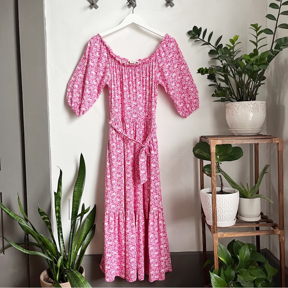 Boden Romy Jersey Midi Dress in Pink Palm Print